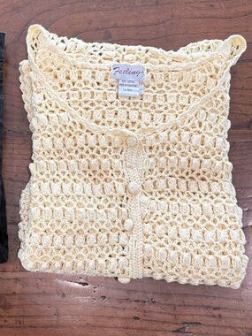 Feelings Cream Crochet 100% Cotton Button-Up Crop Cardigan Size L